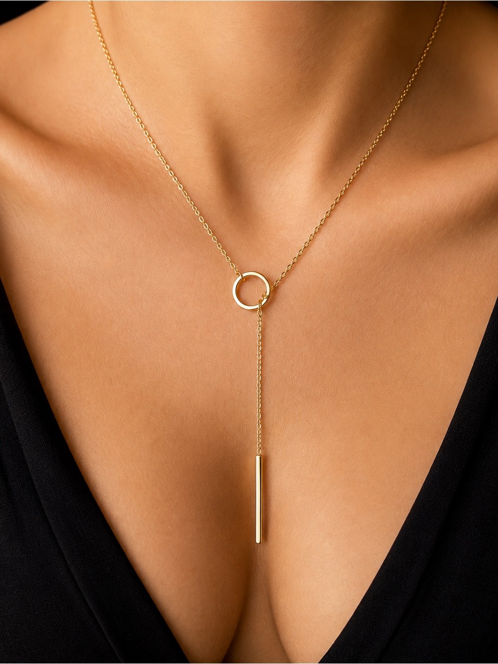 Gold Tone Circle Lariat Y Necklace Long Bar Drop Minimalist Modern